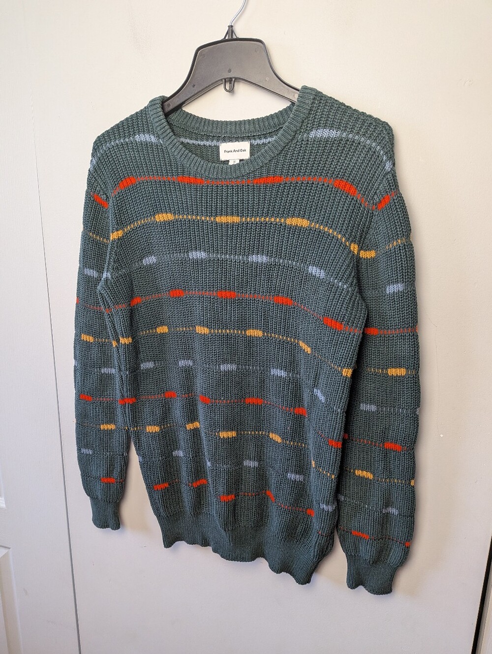 FRANK & OAK Men Crewneck Crochet Size XS Green With Yellow Red 100% Cotton